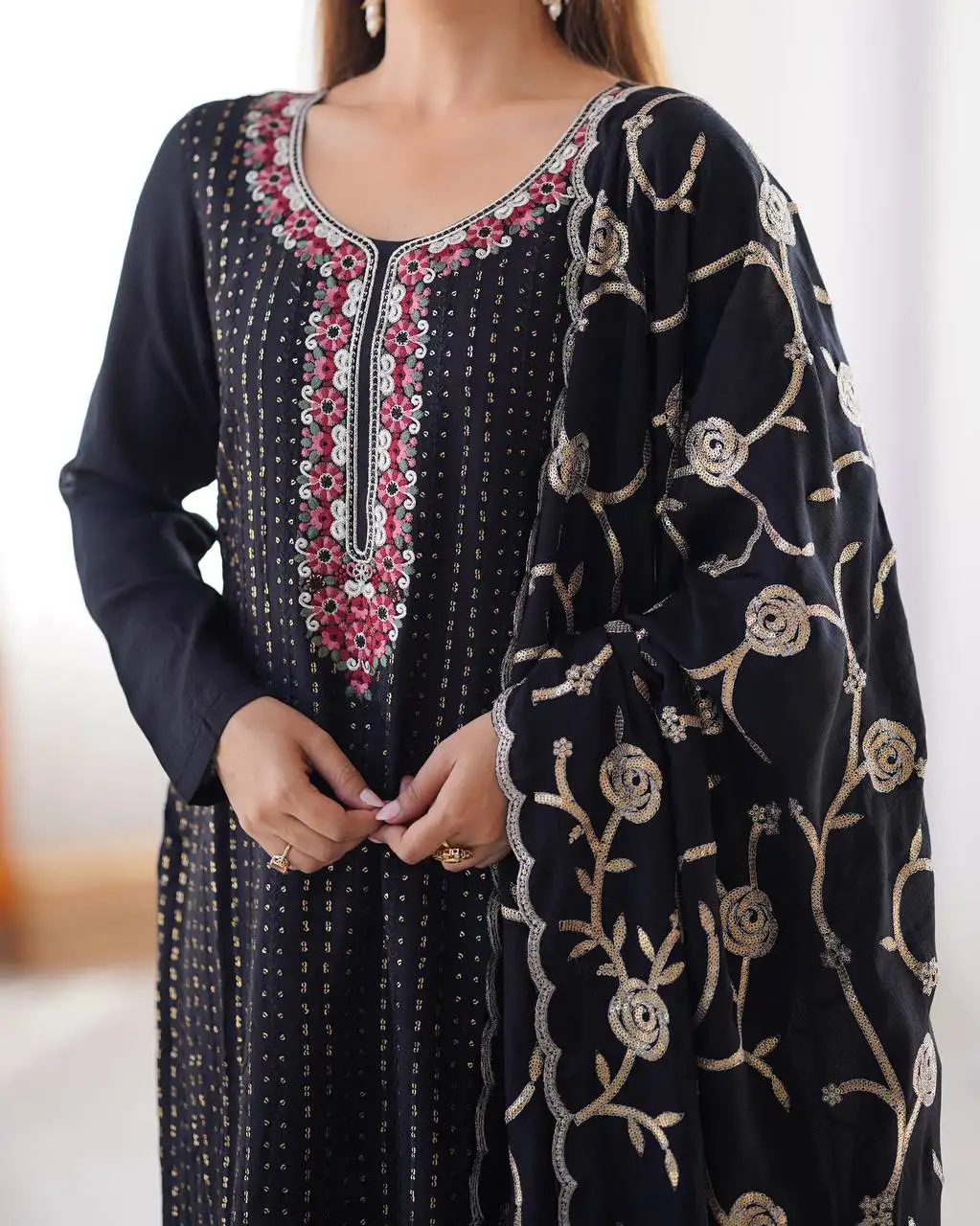 Women's Chinon Silk Sequence And Thread Work Straight Kurti With Pant and Dupatta Set - Image 8