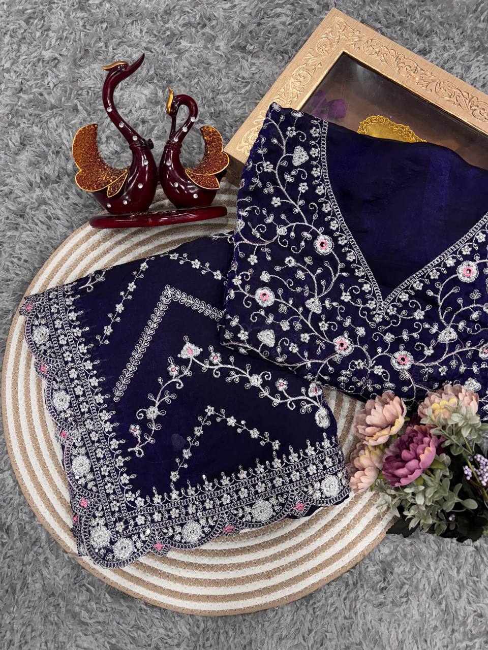 Royal Blue Embroidered Blouse Piece with Intricate Mirror, Sequin & Floral Threadwork – Ready-to-Stitch Fabric for Sarees & Festive Ethnic Wear